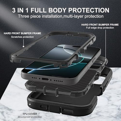 YKHJKLEC for iPhone 16 Pro Case, Compatible with Magsafe, Military Grade 3 in 1 Heavy Duty Shockproof/Drop Proof/Dust Proof Case with 2Pcs Tempered Glass Screen Protector (New-Black/Black) - color: New-Black/Black
