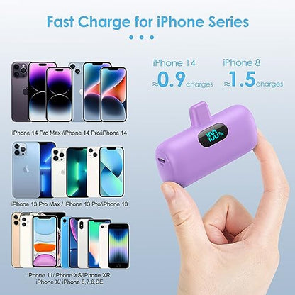 [2 Pack] Small Portable Charger for iPhone,Upgraded 5000mAh PD Fast Charging Power Bank, LCD Display Cute Mini Battery Pack Compatible with iPhone 14/14 Pro Max/13/13 Pro/12 Pro/11/XR/X/8,Black+Purple - color: Black+Purple