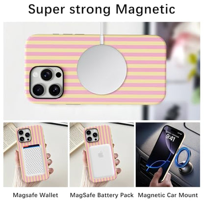 Skyseaco Compatible with iPhone 14 Pro Max Case with MagSafe, Cute Striped Phone Case for Women Girls, Soft TPU + Hard PC Dual Layer Shockproof Glossy Protective Cover, Pink and Yellow - color: Pink and Yellow, size: iPhone 14 Pro Max