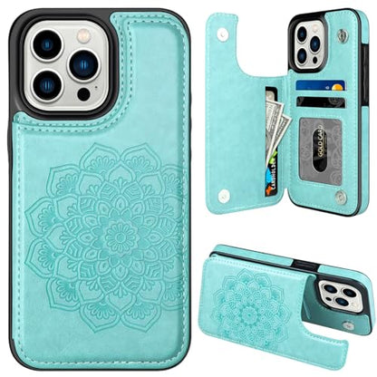 MMHUO iPhone 15 Pro Wallet Case With Card Holder, Flower Magnetic Back Flip Protective Case for Women, Mint - color: Mint, size: Iphone 15 Pro 6.1"-(S)(Three Cameras)