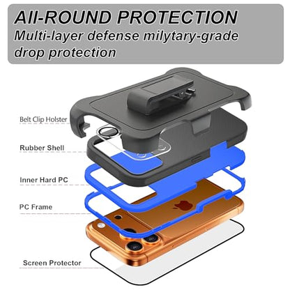 for iPhone 17 Pro Max Case with 2 Camera Lens Protector & 2 Screen Protector, Heavy Duty Full Body Protective Phone Case 6.9" (Belt Clip,BlackBlue) - color: 17 Pro Max-Belt Clip+BlackBlue