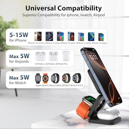 KU XIU X55 Foldable 3 in 1 Charging Station for Apple Devices, 15W Fast Magnetic Wireless Charger, Magent Travel Charger Stand for iPhone 16 15 14 13 12 Series, 5W for Apple Watch, AirPods-Black - color: Black