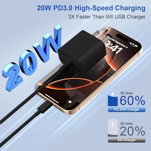 20W iPhone Charger Fast Charging 3-Pack with 6FT USB C to USB Cable, Black - color: Black
