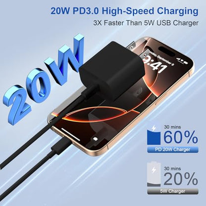 20W iPhone Charger Fast Charging 3-Pack with 6FT USB C to USB Cable, Black - color: Black