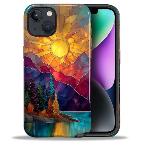 DAIZAG Case for iPhone 13 iPhone 14,Mountain Range Sunrise Stained Glass Full-Body Design Hybrid Dual Protection Soft TPU Hard PC Shockproof Scratch-Resistant Protective Cover Phone Case for Men Women - color: Mountain Range Sunrise Stained Glass, size: i