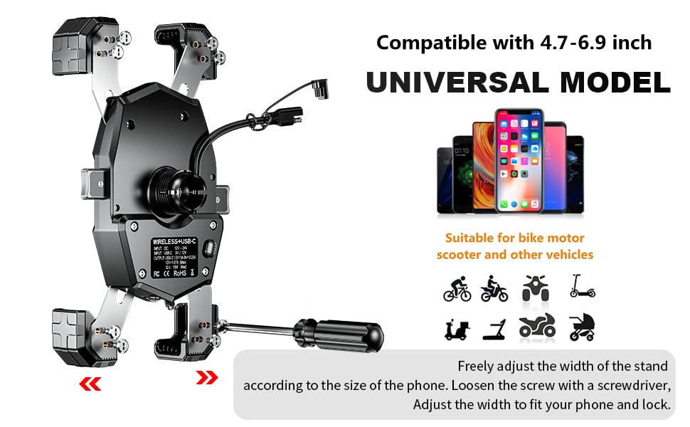 Kewig Motorcycle Phone Mount Qi 15W Wireless & USB C 20W Fast Charging Port
