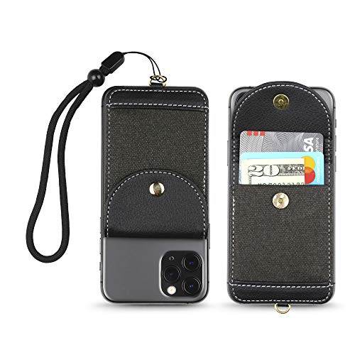 Cell Phone Wallet for Back of Phone with Wrist Strap, Stick On Wallet Credit Card ID Holder with RFID Protection Compatible with iPhone, Galaxy & Most Smartphones and Cases - color: Black