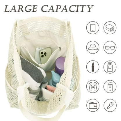GYEUKHAM Mesh Beach Bag for Women, Sand-Resistant Pool Tote, 9 Pockets (1 Inner Zip), Foldable Family Travel Essentials - color: 6 Pockets-beige