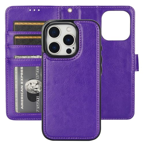 Bocasal Detachable Wallet Case Card Holder for iPhone 16 Pro, Purple | RFID Blocking Kickstand Card Slots Holder PU Leather Magnetic Shockproof Wrist Strap Removable Flip Protective Cover 6.3 inch - color: Purple