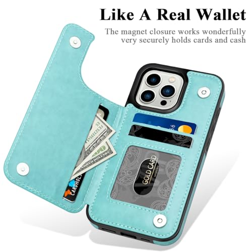 MMHUO iPhone 15 Pro Wallet Case With Card Holder, Flower Magnetic Back Flip Protective Case for Women, Mint - color: Mint, size: Iphone 15 Pro 6.1"-(S)(Three Cameras)