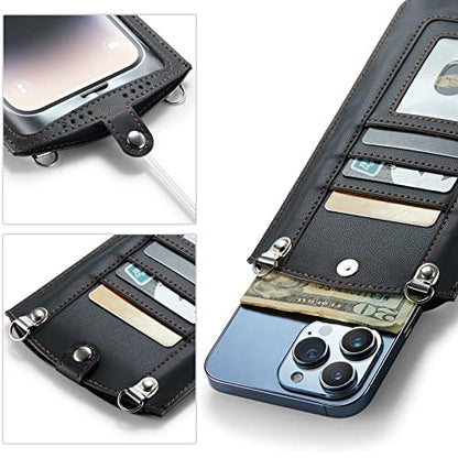 Small Crossbody Bag Cell Phone Purse for Women Men Leather Mini Shoulder Bag Wallet Case with Card Holder Slot Necklace Lanyard for All Phones iPhone Samsung Google up to 7.3" Black - color: Black