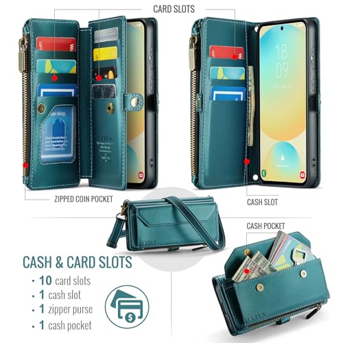 for Samsung Galaxy S24 FE Wallet Case with Card Holder, Green | RFID Blocking Slots, Crossbody Lanyard, Wrist Strap, Zipper Pocket Purse Handbag, Magnetic Closure - color: Green, size: Galxay S24 FE
