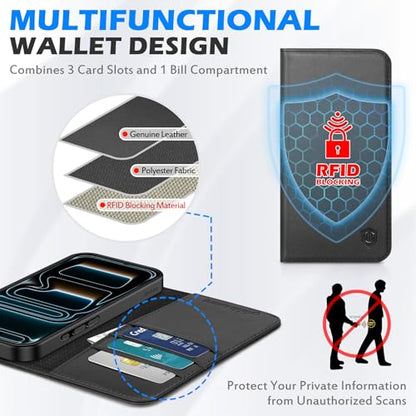 SHIELDON Genuine Leather Wallet Case for iPhone 17 Pro Max 6.9" 2025, Black | Flip Magnetic Cover, Kickstand, RFID Blocking, 3 Credit Card Holder, Book Design, Shockproof, Soft Inner Phone Case - color: Black