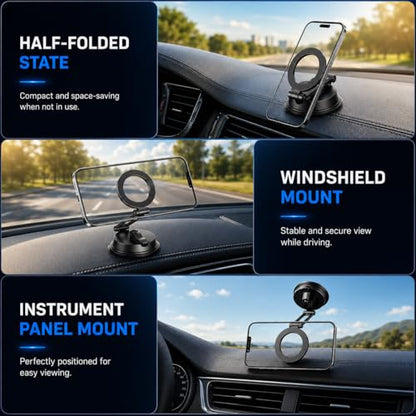 Magnetic Car Phone Mount for Dashboard Windshield - Heavy Duty MagSafe Compatible Holder with 20 N52 Magnets, Long Foldable Arm, 360° Rotation, Suction Cup Base for iPhone & Android
