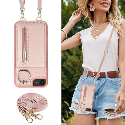 Crossbody Wallet Case for iPhone 7/8/SE 2020/SE 2022, Pink | Card Slots, Zipper Pocket, Flip Folio Purse, RFID Blocking, Ring Kickstand with Detachable Strap - color: Pink, size: iPhone 7/8/SE 2020/SE 2022 (4.7")