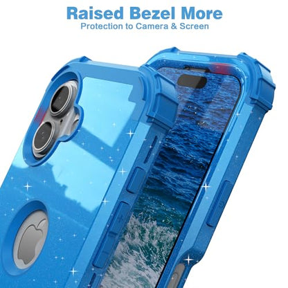 IDweel for iPhone 16 Case with Screen Protector for Women,Luxury 3 in 1 Shockproof Slim Fit Hybrid Heavy Duty Hard PC Cover Soft Silicone Bumper Full Body Anti-Fingerprint Case,Glitter Sky Blue - color: Glitter Sky Blue