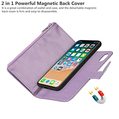 iCoverCase for iPhone X/XS Wallet Case with Card Holder and Wrist Strap, PU Leather Kickstand Card Slots Zipper Pocket Magnetic [Detachable] Flip Cover Case 5.8 Inch (Purple) - color: Purple
