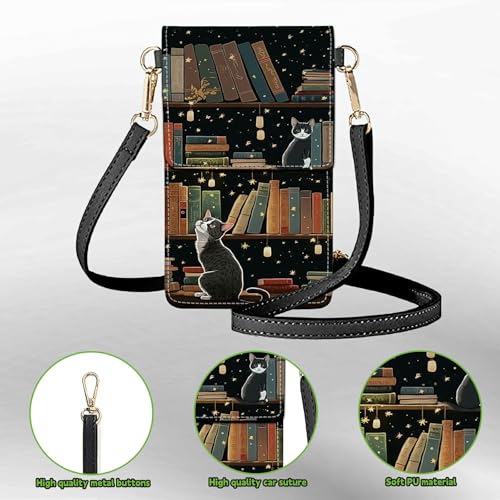 Small Crossbody Bags with Adjustable Shoulder Strap - color: Cute Cat Bookshelf