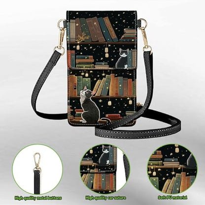 Small Crossbody Bags with Adjustable Shoulder Strap - color: Cute Cat Bookshelf