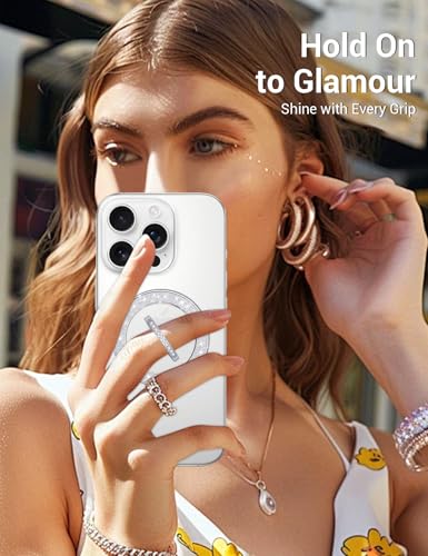 YINHEXI Magnetic Phone Grip for Magsafe, Glittering Ring Holder Stand with 360°Rotation & 90°Flip, Mag Safe Accessory for iPhone 16, 15, 14, 13, 12 (Silver-MS-01) - color: Silver-MS-01