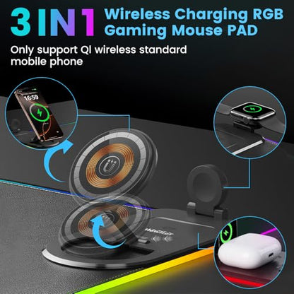 3 in 1 Mouse Pad with Wireless Charging, 31.5"x11.8" Mouse Pad RGB with Magnetic Wireless Charging,15 Light Modes,Non-Slip Base,Waterproof Keyboard Pad, Black