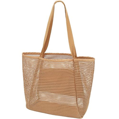 GYEUKHAM Mesh Beach Bag for Women, Sand-Resistant Pool Tote, 9 Pockets (1 Inner Zip), Foldable Family Travel Essentials - color: 2 Pockets-tan