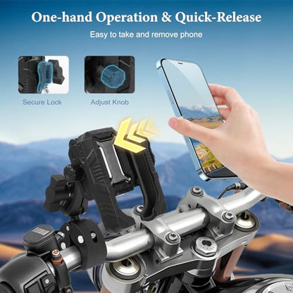 Universal Phone Mount for Bike/Motorcycle/Scooter/ATV, 720° Rotatable Anti-Shake Holder with One-Hand Quick Release &Secure Lock Knob, Fits 5.4-7.2” iPhone 16/15/14/13 Pro Max, 75026 - size: Phone holder Super Clamp