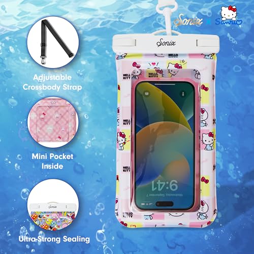 Sonix x Sanrio Waterproof Phone Pouch - Floating Phone Case Dry Bag w/Crossbody Lanyard - Beach Cruise Travel Essentials - Compatible w/All Devices, Touchscreen Friendly | Hello Kitty Grid - color: Hello Kitty Grid