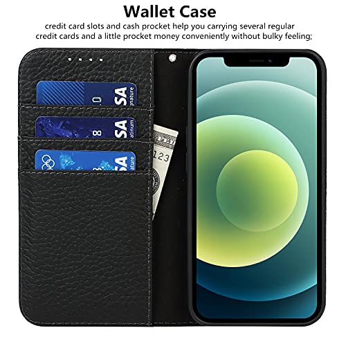 iCoverCase Compatible with iPhone 13 Wallet Case with Credit Card Holder and Wrist Strap, RFID Blocking Genuine Leather Flip Magnetic Phone Cover 6.1 Inch (All Black) - color: 1-All Black (No Headphone Storage Belt), size: iPhone 13