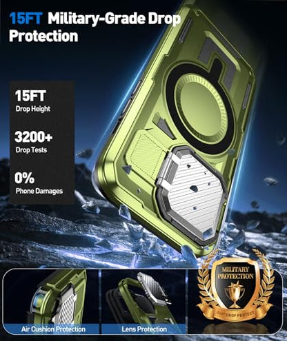DASFOND Shield Series for iPhone 13 Pro Case with Camera Stand Cover [Compatible with MagSafe] Full Body Military Shockproof Protection Heavy Duty Rugged Magnetic Phone Case iPhone 13 Pro, Olive Green - color: Olive Green, size: Camera Stand iPhone 13 Pro