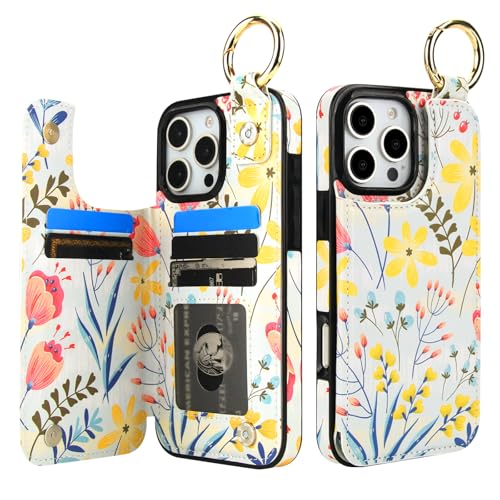 HAOPINSH for iPhone 16 Pro Max Wallet Case with Card Holder, Floral Flower Print Back Flip Folio PU Leather Kickstand Card Slots Case, Finger Grip Ring Double Magnetic Clasp Shockproof 6.9" - color: Floral Flower Grip Ring