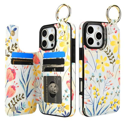 HAOPINSH for iPhone 16 Pro Max Wallet Case with Card Holder, Floral Flower Print Back Flip Folio PU Leather Kickstand Card Slots Case, Finger Grip Ring Double Magnetic Clasp Shockproof 6.9" - color: Floral Flower Grip Ring