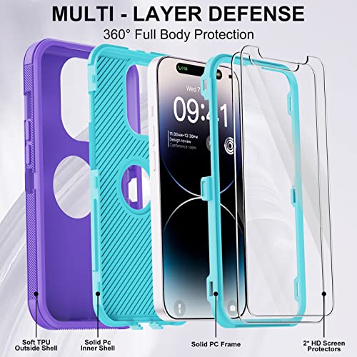 for iPhone 14 Pro Case with 2 Screen Protector,Full Body Shockproof Drop Protection Dust Proof Heavy Duty 3-Layer Rugged Durable Military Grade Cover for Apple iPhone 14 Pro 6.1" (Purple) - color: Purple/light green II