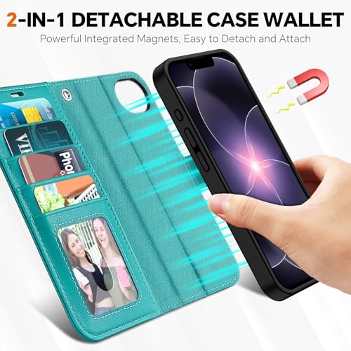 TUCCH Detachable 2-in-1 Wallet Case for iPhone 17e/16e (6.1"), Cyan | RFID Blocking, 4 Card Slots, Wrist Strap, Wireless Charging, Stand, Shockproof TPU, PU Leather, Magnetic, Folio Cover - color: Textured Cyan