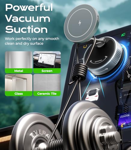 Meifigno for MagSafe Car Mount Charger, 15W Wireless Charger Stand with Vacuum Suction Cup, Magnetic Phone Holder for Car, for iPhone 17 Pro Max 16-12 & Android, 360°Adjustable & Foldable Phone Stand
