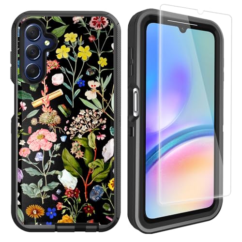 Compatible for Samsung Galaxy A15 5G Case with Screen Protector [Military Grade Protection] Cute Floral Design Heavy Duty Shockproof Case for Girls Women, Black Flowers - color: Black Flowers
