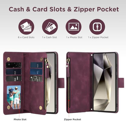 for Samsung Galaxy S24-Ultra-Wallet Case: with RFID Blocking Card Slots (6 Cards) | Soft PU Leather Magnetic Snap Zipper Pocket | Crossbody Wrist Strap Protective Phone Cover - Claret - color: Claret, size: Galaxy S24 Ultra（6.8‘’）