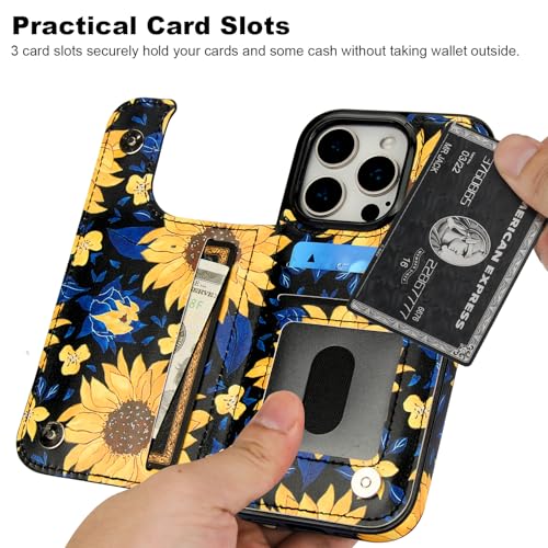 HAOPINSH for iPhone 16 Pro Wallet Case with Card Holder, Blooming Sunflowers Pattern Back Flip Folio PU Leather Kickstand Card Slots Case for Women Girls, Double Magnetic Clasp Shockproof Cover 6.3" - color: Blooming Sunflowers