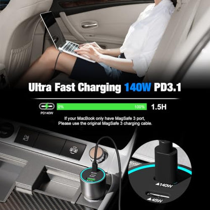 140W USB C Car Charger Super Fast Charging for iPhone Duo/18 Pro Max/Laptop