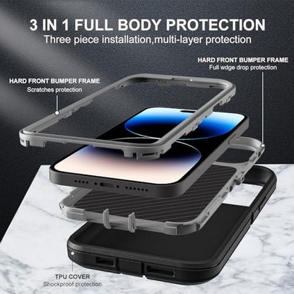 YKHJKLEC for iPhone 14 Pro Case, Compatible with Magsafe, Military Grade 3 in 1 Heavy Duty Shockproof/Drop Proof/Dust Proof Case with 2Pcs Tempered Glass Screen Protector (New-Black/Grey) - color: New-Black/Grey