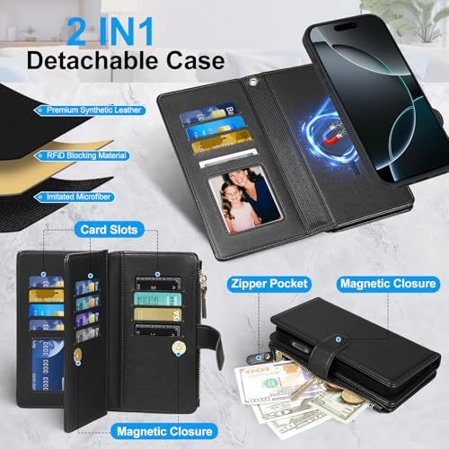 Magnetic Case for iPhone 17 Wallet Compatible with Magsafe RFID Blocking Card Holder Detachable Phone Cover Kickstand Snap Strap Zipper Pocket PU Leather 6.3 inch (Black) - color: Black, size: iPhone 17