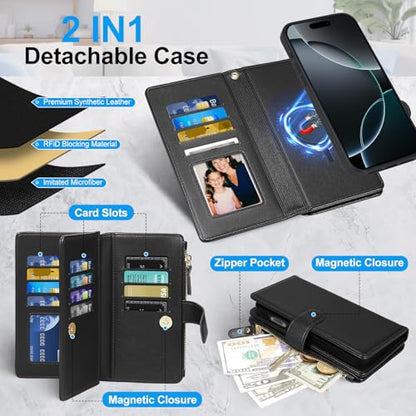 Magnetic Case for iPhone 17 Wallet Compatible with Magsafe RFID Blocking Card Holder Detachable Phone Cover Kickstand Snap Strap Zipper Pocket PU Leather 6.3 inch (Black) - color: Black, size: iPhone 17
