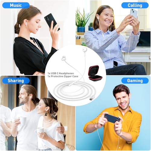 USB C Headphones Magnetic Wired Earbuds with Mic Volume Control 4ft White - color: White