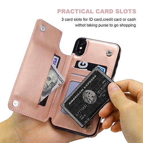 ONETOP for iPhone Xs Max Wallet Case with Credit Card Holder,Rosegold | Kickstand,ID/Cash Holder,Case Wallet with Card Slots,Double Magnetic Clasp,Durable PU Leather Shockproof Cover for Women Men - color: iPhone Xs Max 6.5" Rose Gold