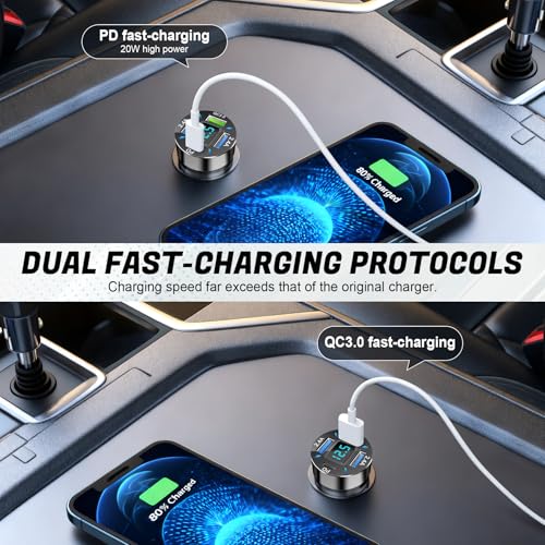 LivTee 4-Port Car Charger, 12-24V Cigarette Lighter Adapter with 3 USB & 1 USB-C Port, Supports QC/PD Fast Charging, Features Digital Display and LED Lights, Fits iPhone, Fits Samsung and More Phones
