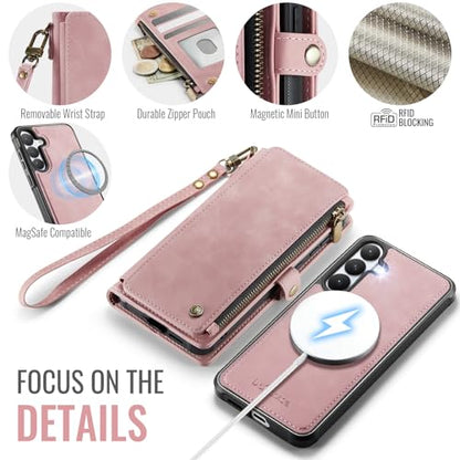 Defencase for Galaxy S26 Case Wallet Compatible with Magsafe 6.3", Rosepink | Magnetic Detachable, with RFID Bolcking Card Holder, Zipper Strap, PU Leather Drop-Proof Phone Cover for Samsung Galaxy S26 - color: (Detachable with Magsafe)-Pink