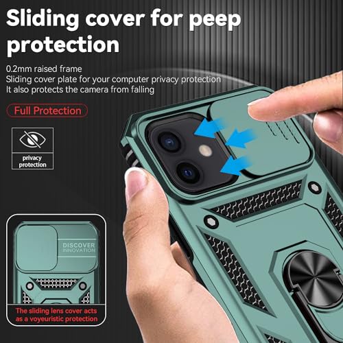 for iPhone 12/ iPhone 12 Pro Case with Camera Lens Cover, Green | HD Screen Protector, 16 FT Military Grade Drop Protection, Magnetic Kickstand Rugged Shockproof Protective Cove - color: Green