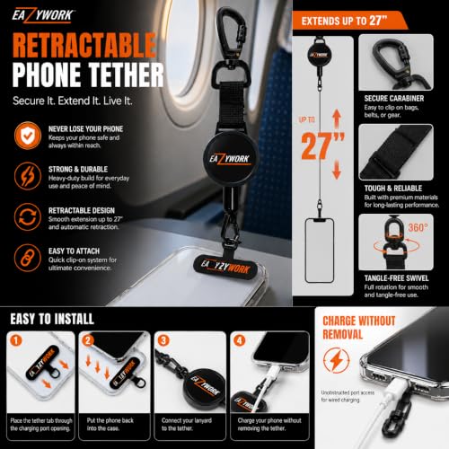 Anti Theft Phone Strap retractable lanyard For Sport Festival Travel Steel Line Cellphone Strap With Locking Carabiner and Metal 360° Iphone Tether Tab For Outdoor Skiing Fishing Climbing Hiking