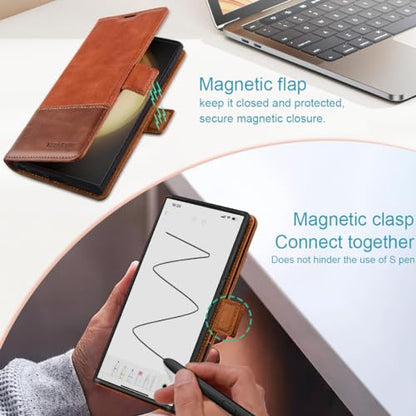 KEZiHOME Genuine Leather Wallet Case for Samsung Galaxy S24 Ultra | Khaki/Brown, RFID Blocking Card Slot, Kickstand, Magnetic Protective Phone Folio Cover, Compatible with Galaxy S24 Ultra - color: Khaki/Brown
