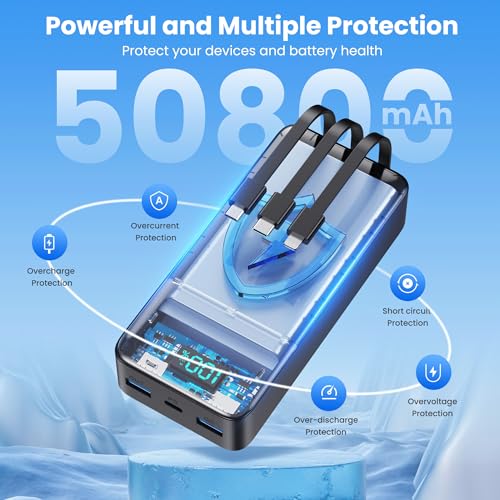 Portable Charger 50800mAh Power Bank with 3 Built in Cables,25W PD QC4.0 Fast Charging USB C Battery Pack,6 Outputs 2 Inputs Travel Essentials Portable Phone Charger for iPhone 18/17/16/15/Pro,Android - color: Black